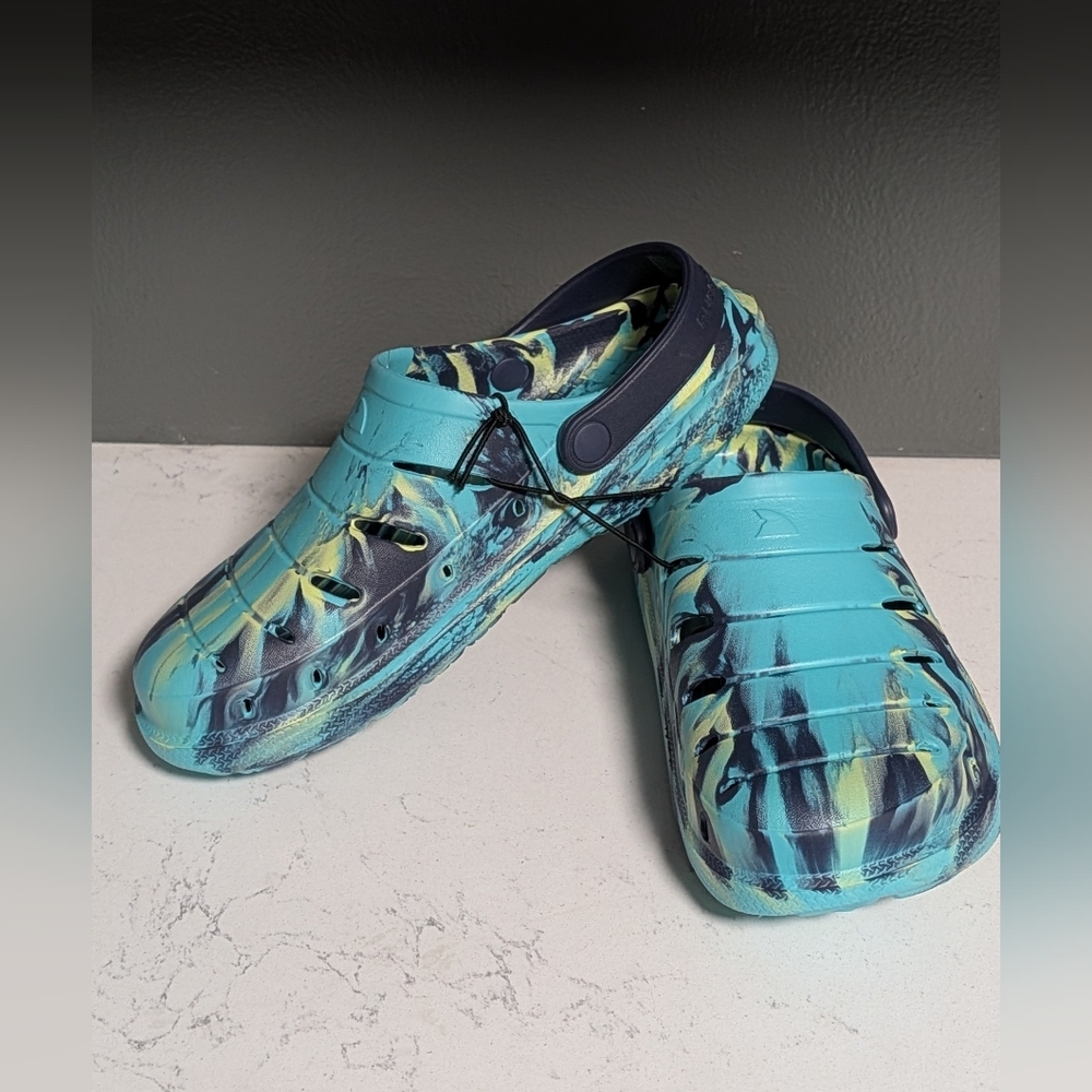 Kids Aqua and Navy Slip-On Clogs Shoes, Shark Water Theme, Size 5